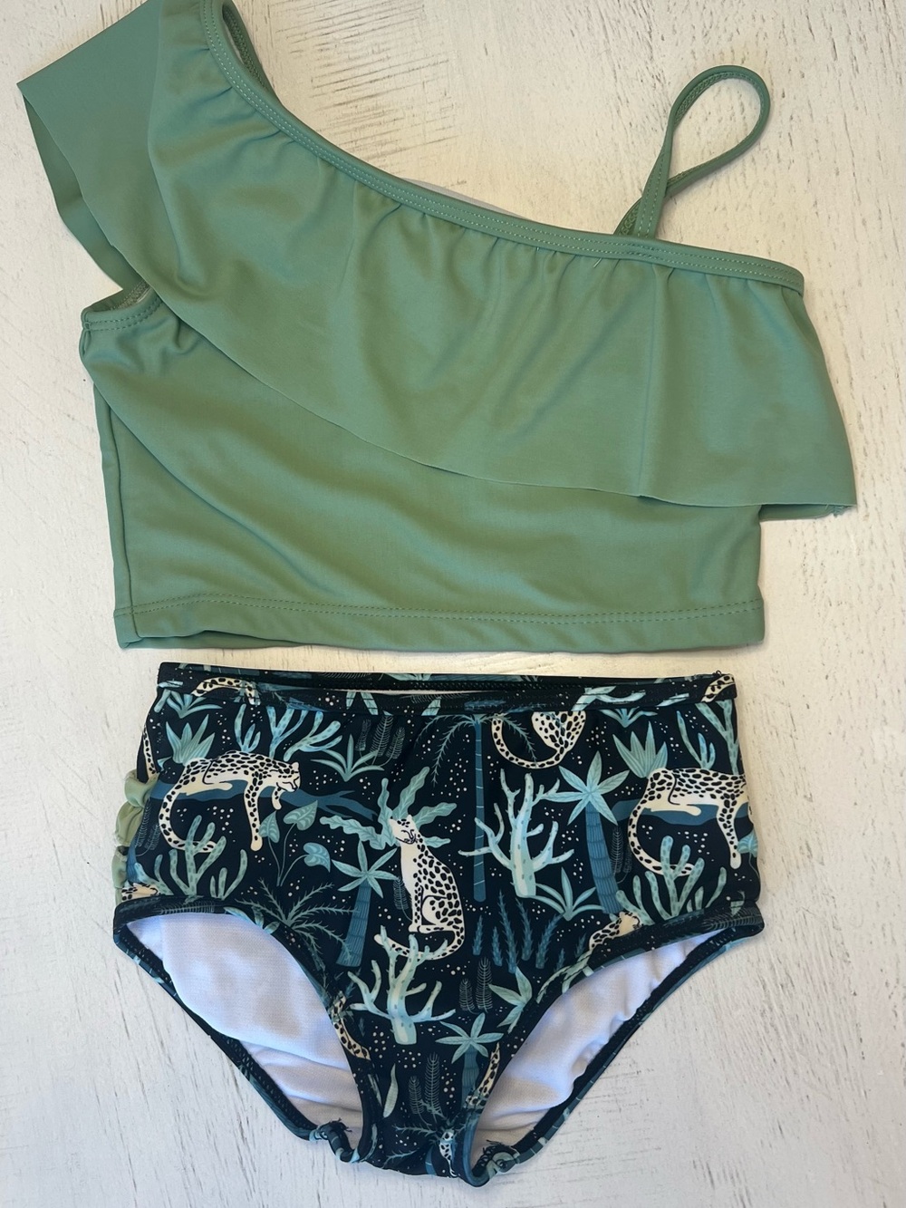 Ruffle Butts Sage Green Ruffle One-Shoulder Bikini with Navy Print Bottoms